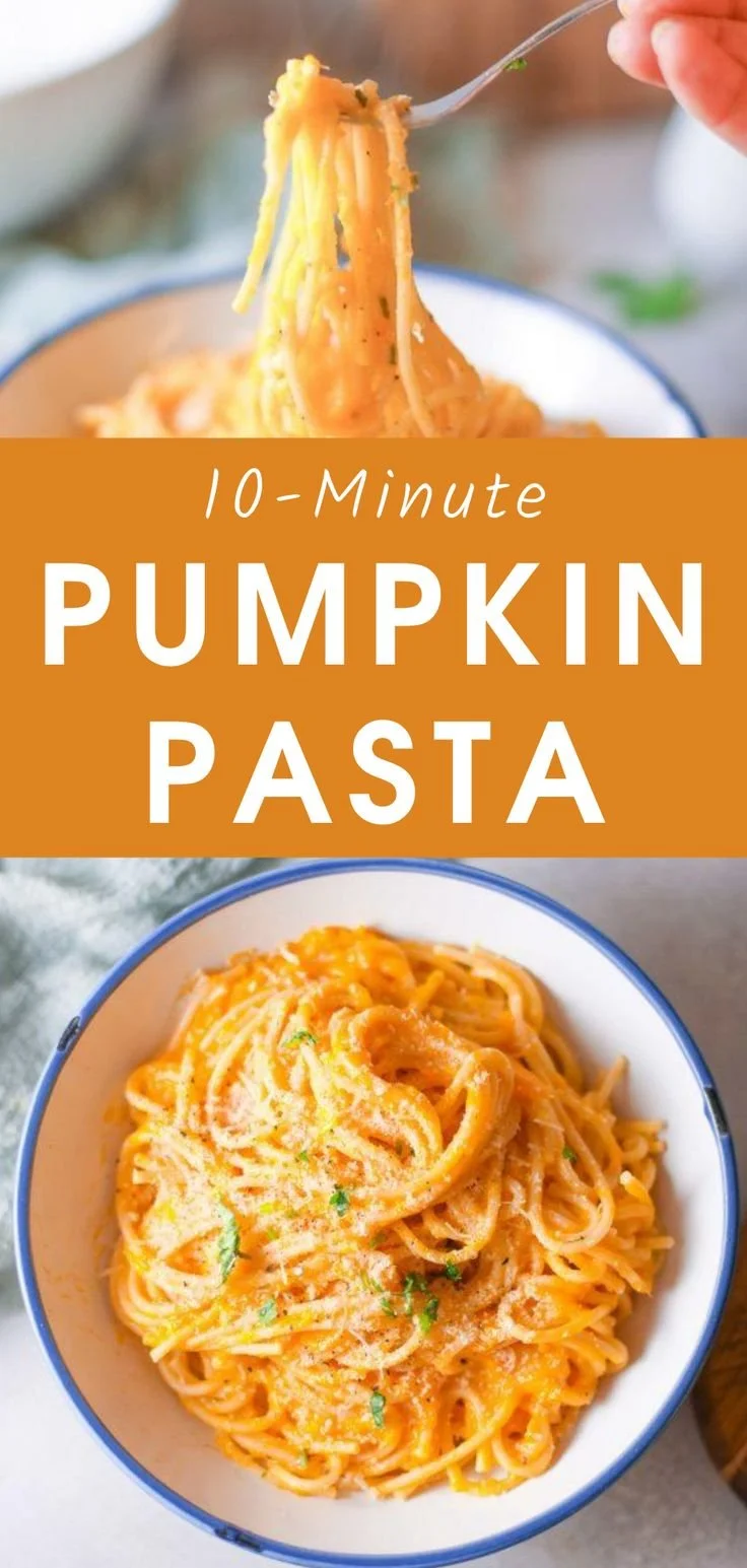 Delicious vegan pumpkin pasta served in a bowl with herbs and parmesan