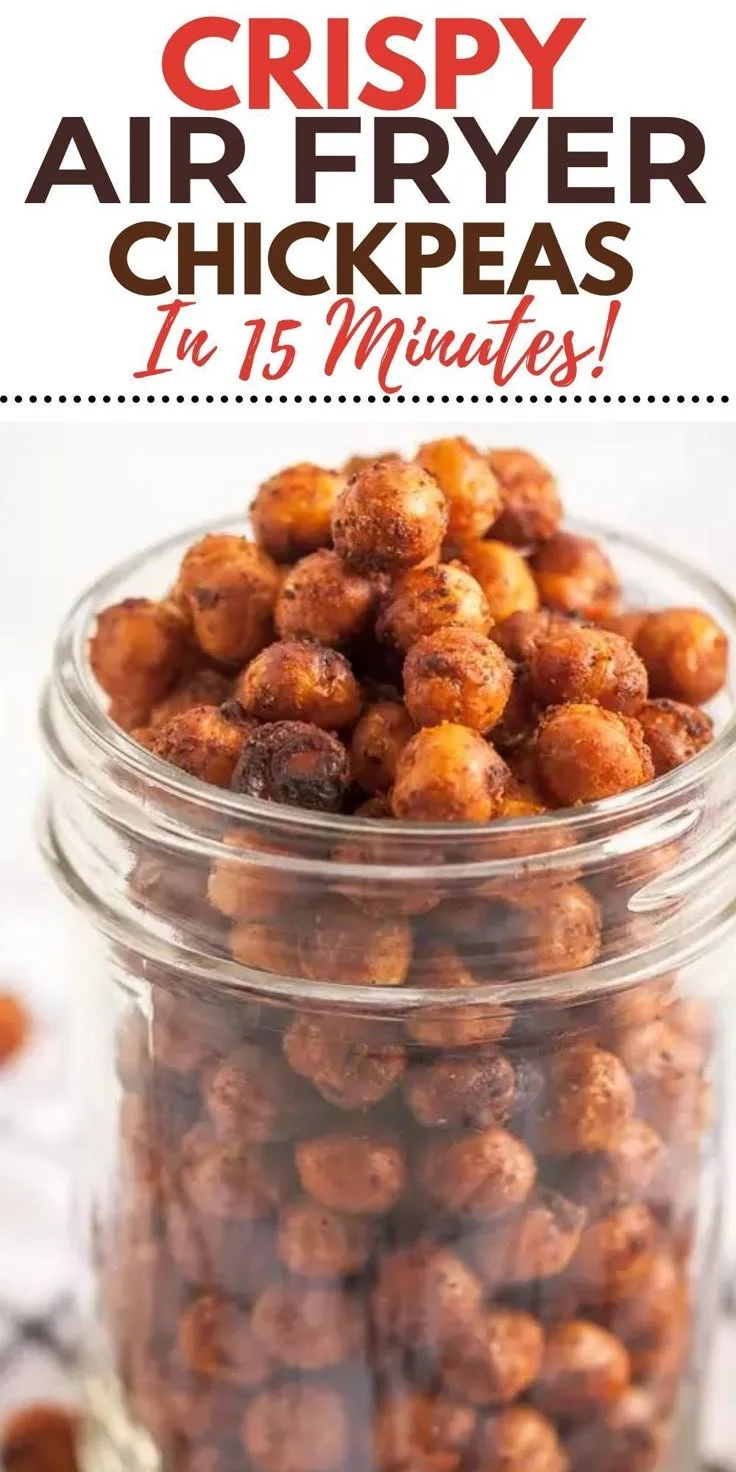 Bowl of 15-minute air fryer crispy chickpeas, a healthy snack option.