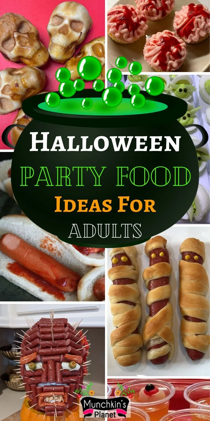 Spooky Halloween party food ideas for adults featuring creepy treats and drinks.
