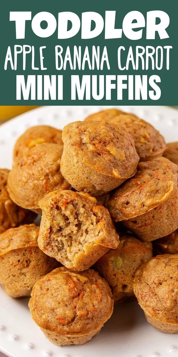 Plate of homemade ABC Mini Muffins with apple, banana, and carrot ingredients.