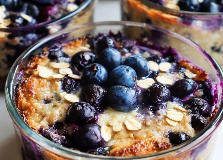 Baked blueberry cottage cheese breakfast bowls with fresh blueberries.
