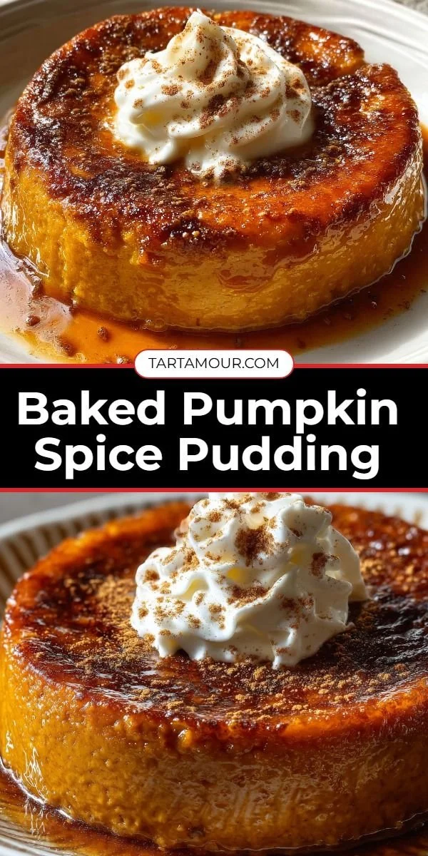 Delicious baked pumpkin spice pudding topped with whipped cream and autumn spices