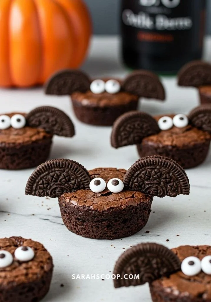 Delicious batty brownie bites served on a white plate with chocolate drizzle