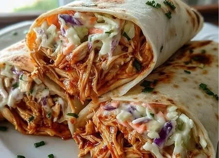 BBQ chicken coleslaw wraps served on a picnic table