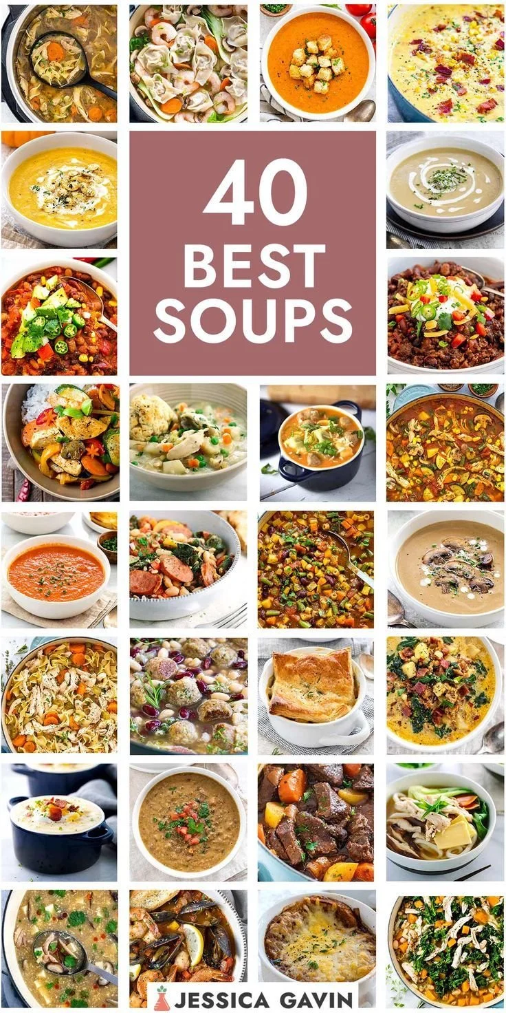 A selection of the best soup recipes with colorful ingredients and bowls.