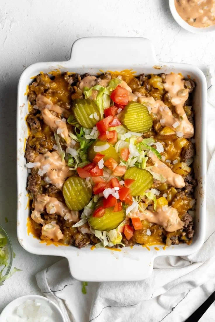 Enjoy a hearty Big Mac Casserole made with ground beef and fresh ingredients.