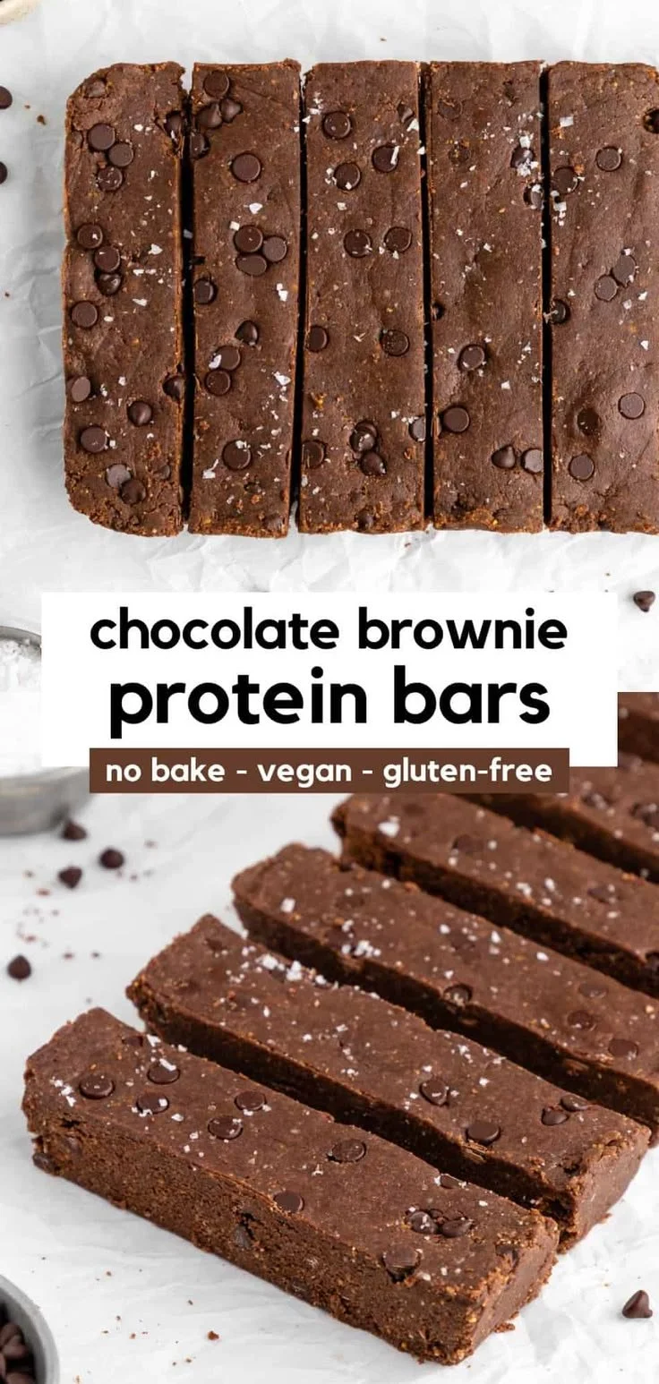 Healthy vegan gluten-free brownie protein bars on a wooden table