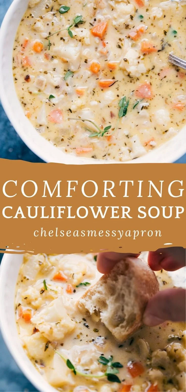 Bowl of creamy cauliflower soup topped with herbs and spices