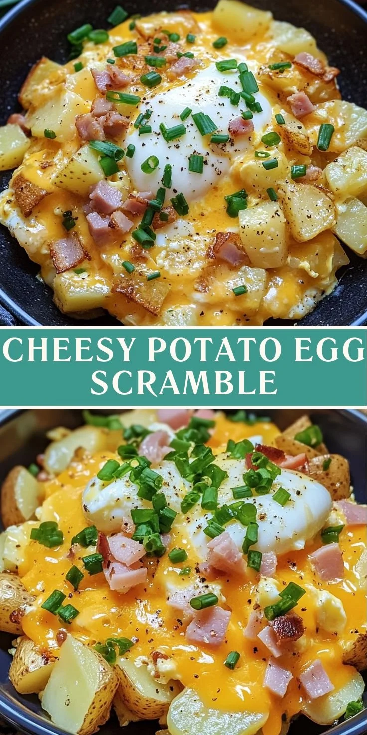 Cheesy potato egg scramble dish served in a bowl with toppings.