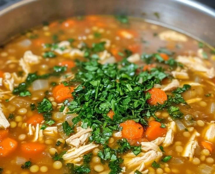 Bowl of hearty Chicken Lentil Soup with vegetables and herbs