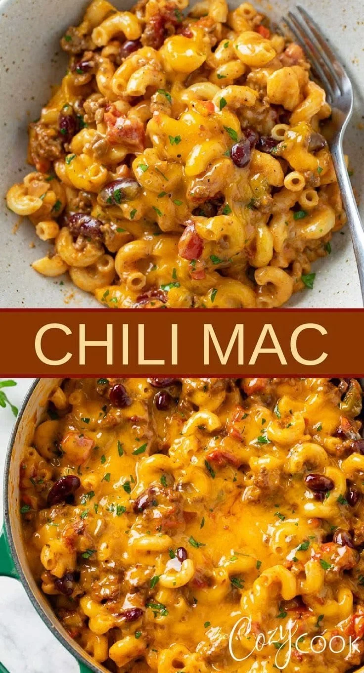 Delicious Chili Mac served in a bowl topped with cheese and herbs.