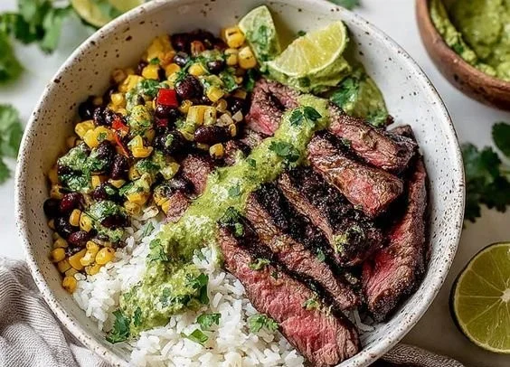 Cilantro lime steak bowls with fresh ingredients and vibrant flavors.