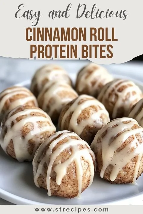 Delicious cinnamon roll protein bites displayed on a white plate