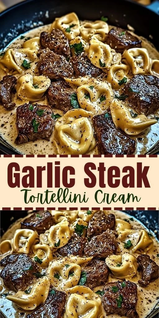 Cracked garlic steak tortellini served in a creamy sauce