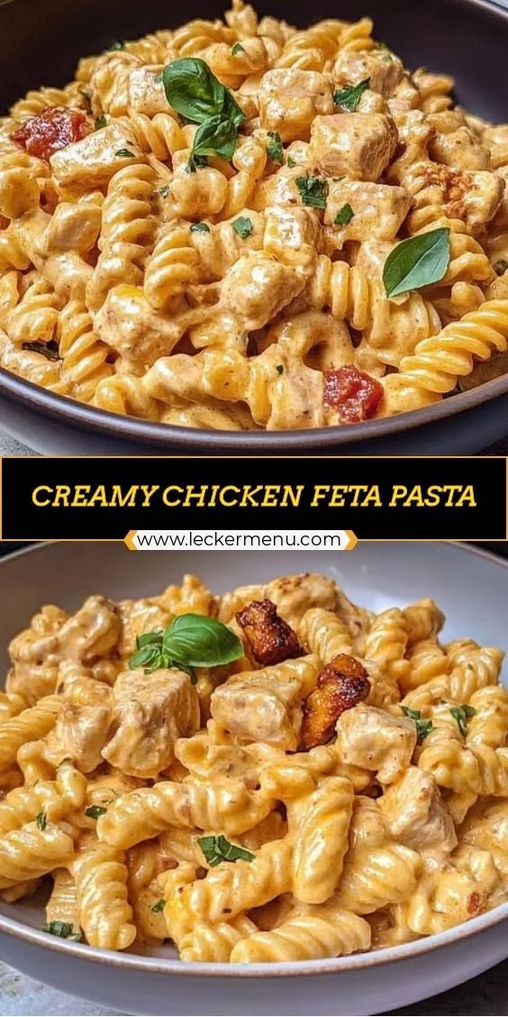 Creamy chicken feta pasta dish served in a bowl with fresh herbs