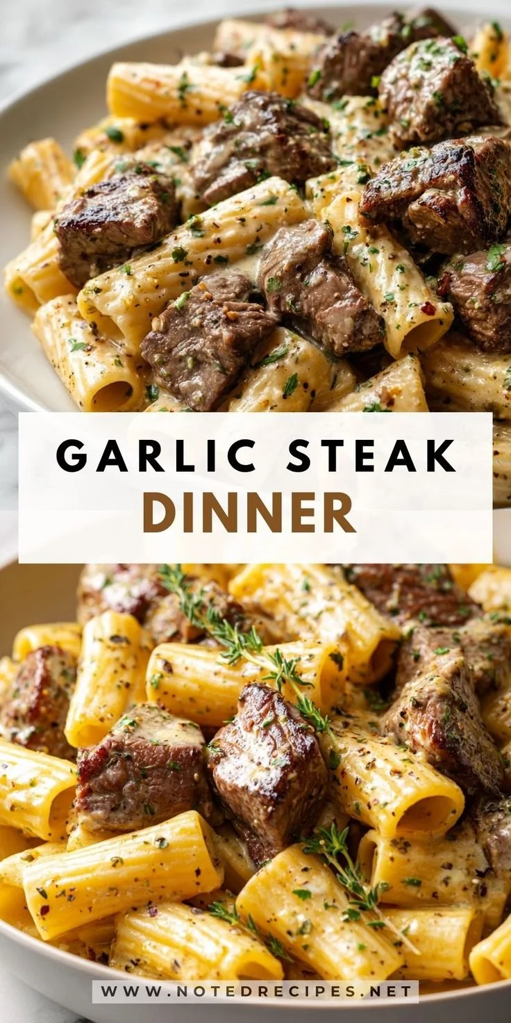 Creamy garlic butter steak pasta with fresh herbs and parmesan cheese