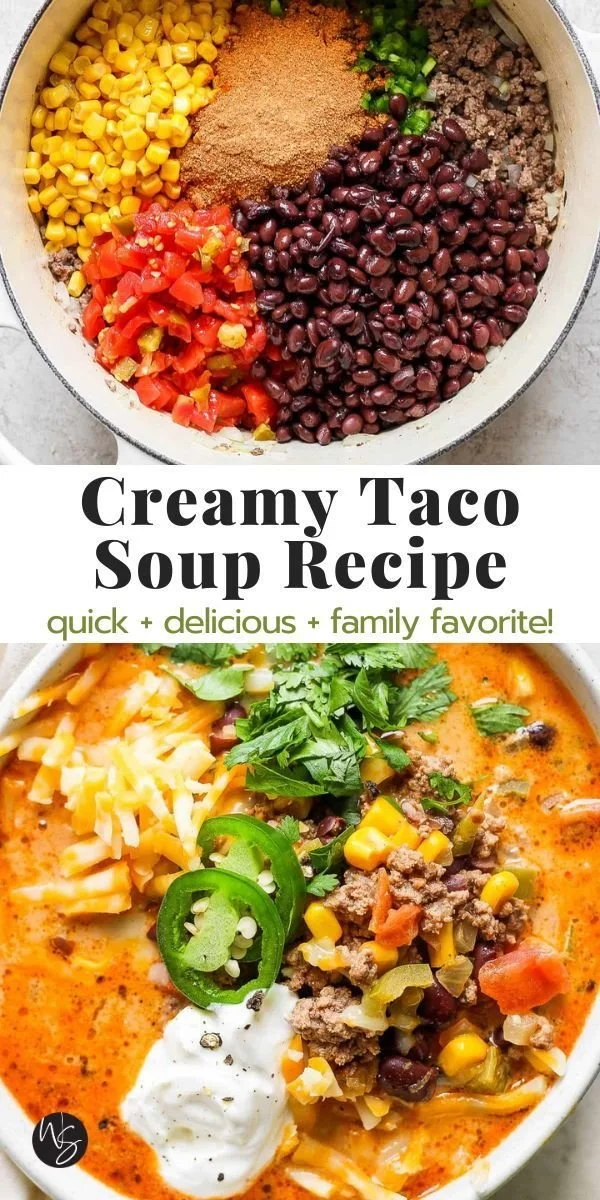 A hearty bowl of creamy taco soup with toppings like cheese and cilantro