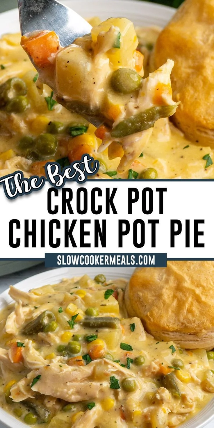 Delicious Crock Pot Chicken Pot Pie served in a bowl with flaky crust.