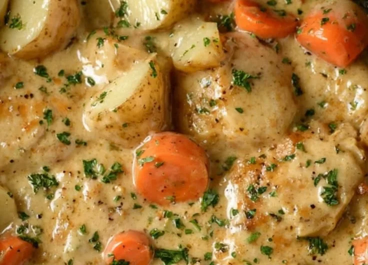 Crockpot Cheesy Ranch Chicken served in a bowl with fresh herbs