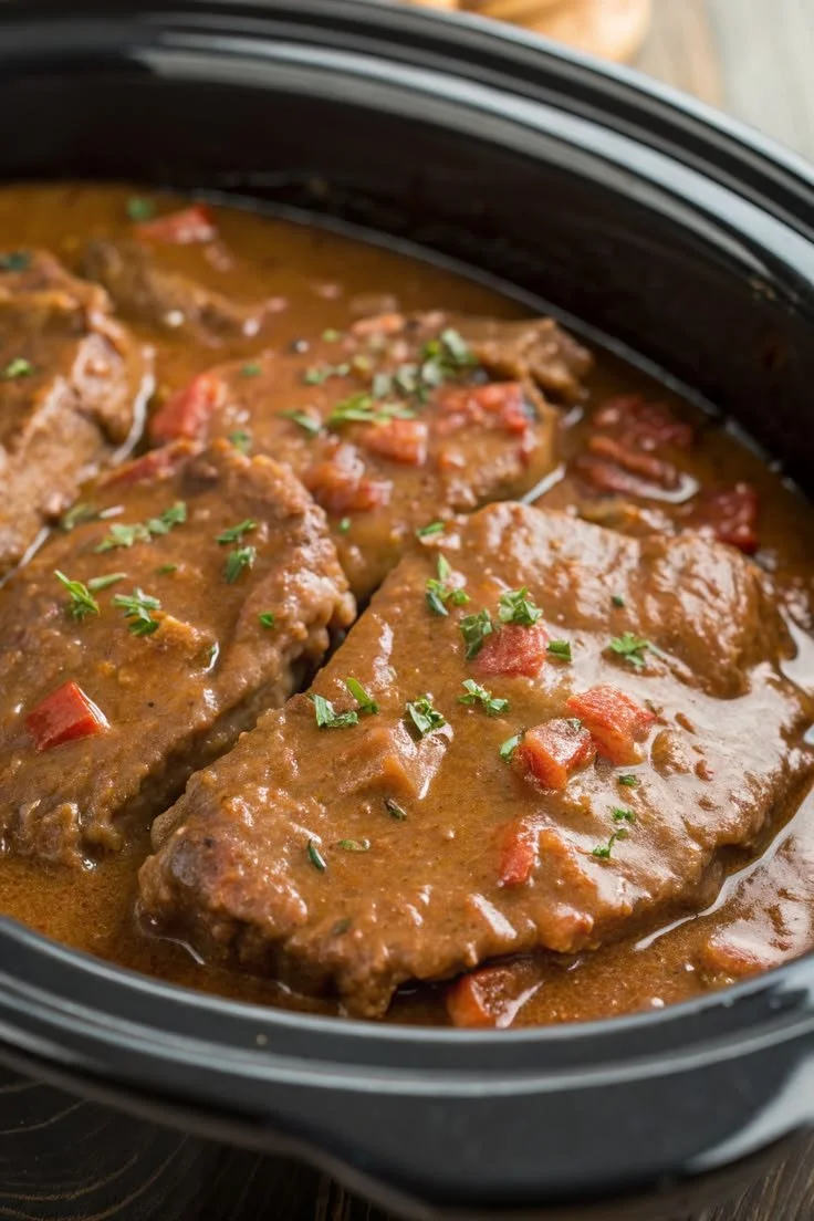 Crockpot Swiss Steak served with vegetables in a bowl