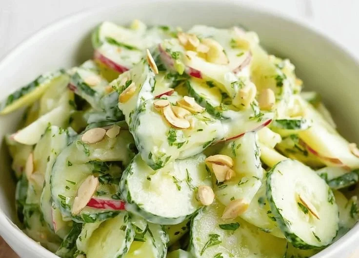 Crunchy cucumber apple salad with fresh dressing garnished with herbs