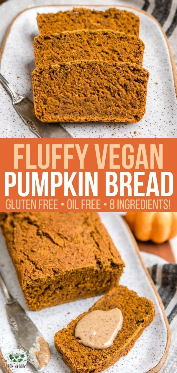 Delicious vegan pumpkin bread freshly baked with 8 healthy ingredients, oil-free.
