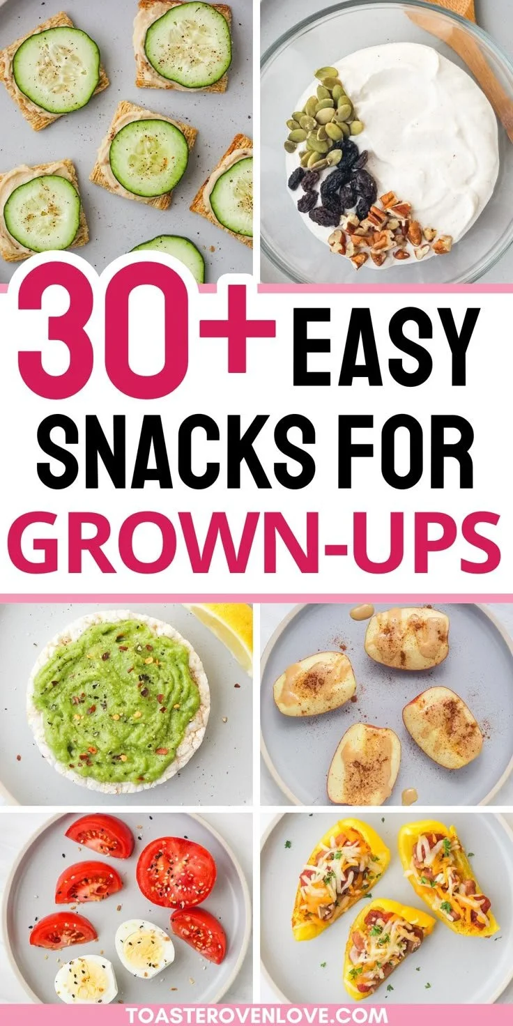 Easy and healthy snack recipes for adults displayed on a table