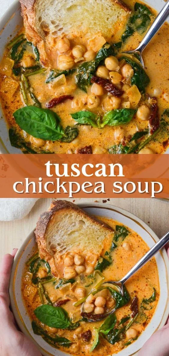 Bowl of easy chickpea soup garnished with fresh herbs and spices