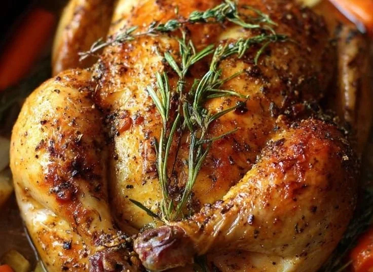 Delicious crockpot whole chicken served with vegetables and herbs.
