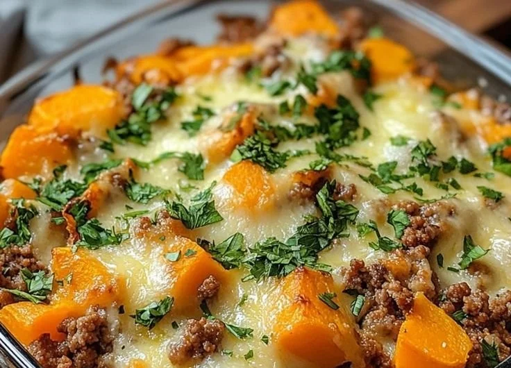Ground turkey sweet potato casserole served in a dish, perfect for healthy dinners.