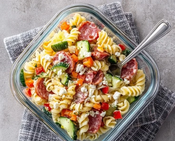 Colorful and healthy Italian pasta salad with vegetables and protein-rich ingredients
