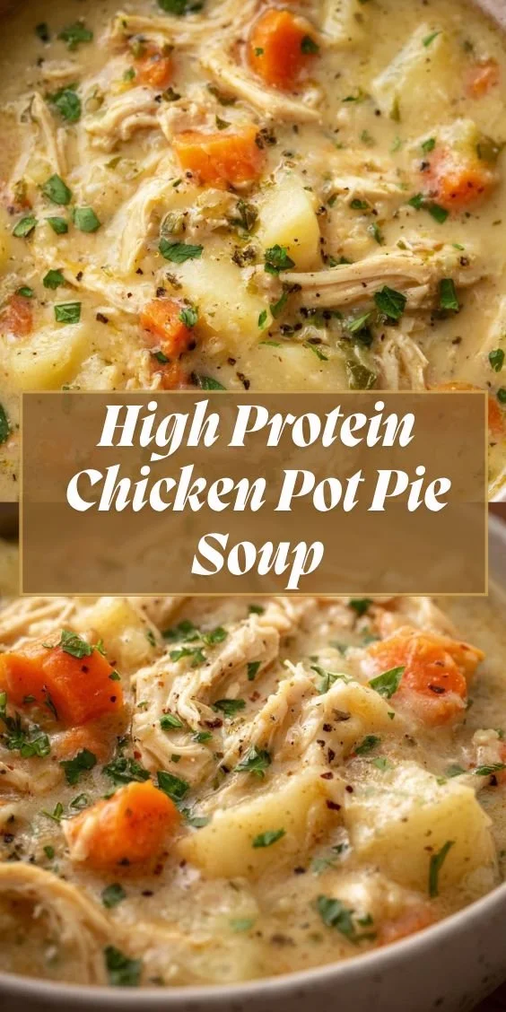 Bowl of high protein soup with chicken and assorted vegetables