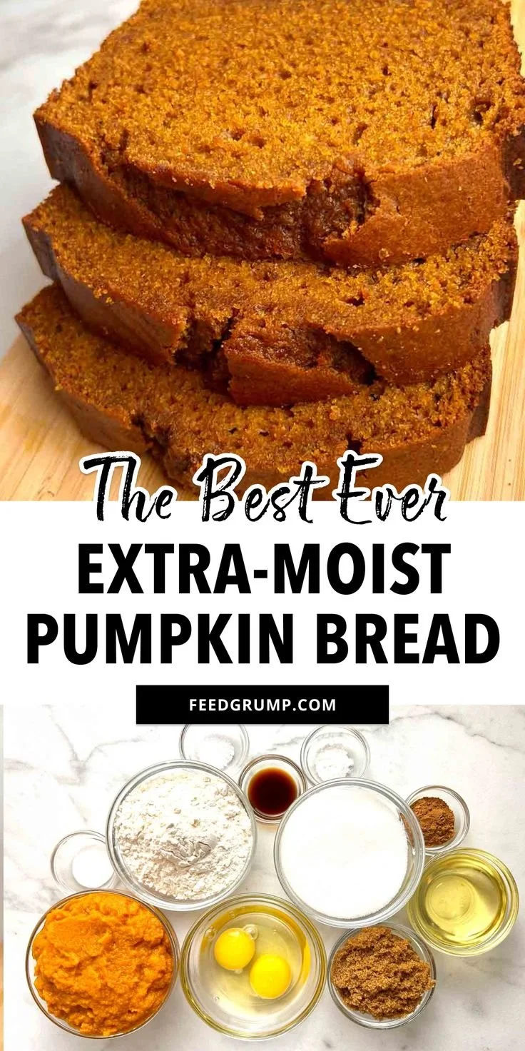 Slice of easy pumpkin bread with spices and fall decorations