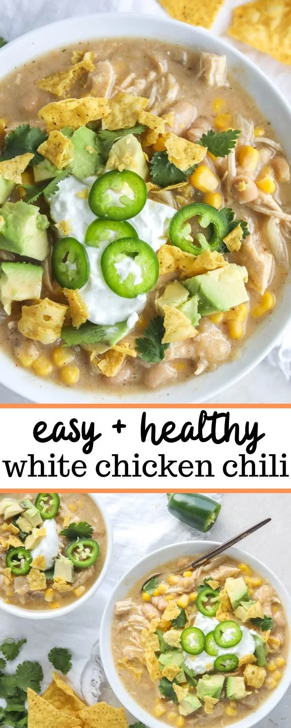 Bowl of easy white chicken chili made on stovetop or in crockpot