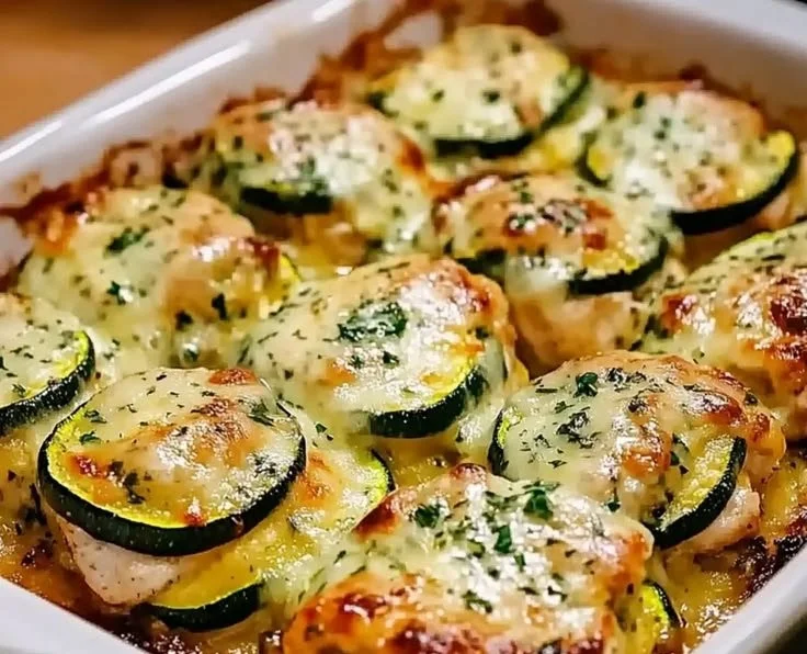 Delicious Garlic Chicken Zucchini Bake dish served on a plate for a healthy dinner.