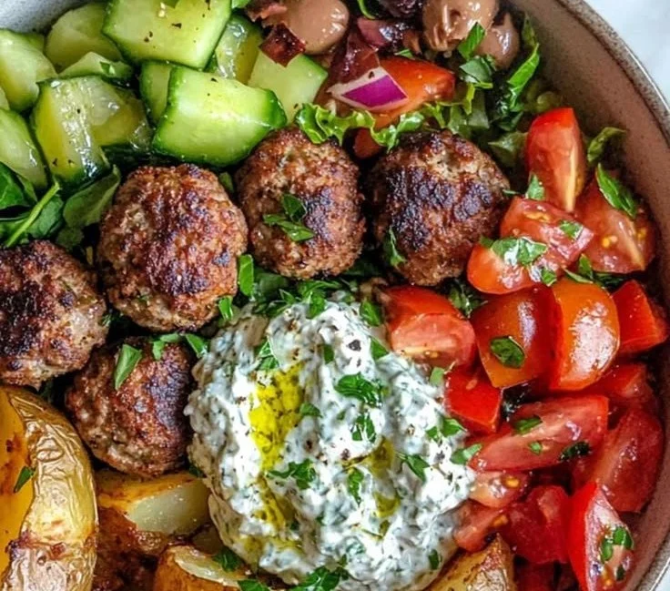 Greek meatball bowl with fresh ingredients and vibrant flavors