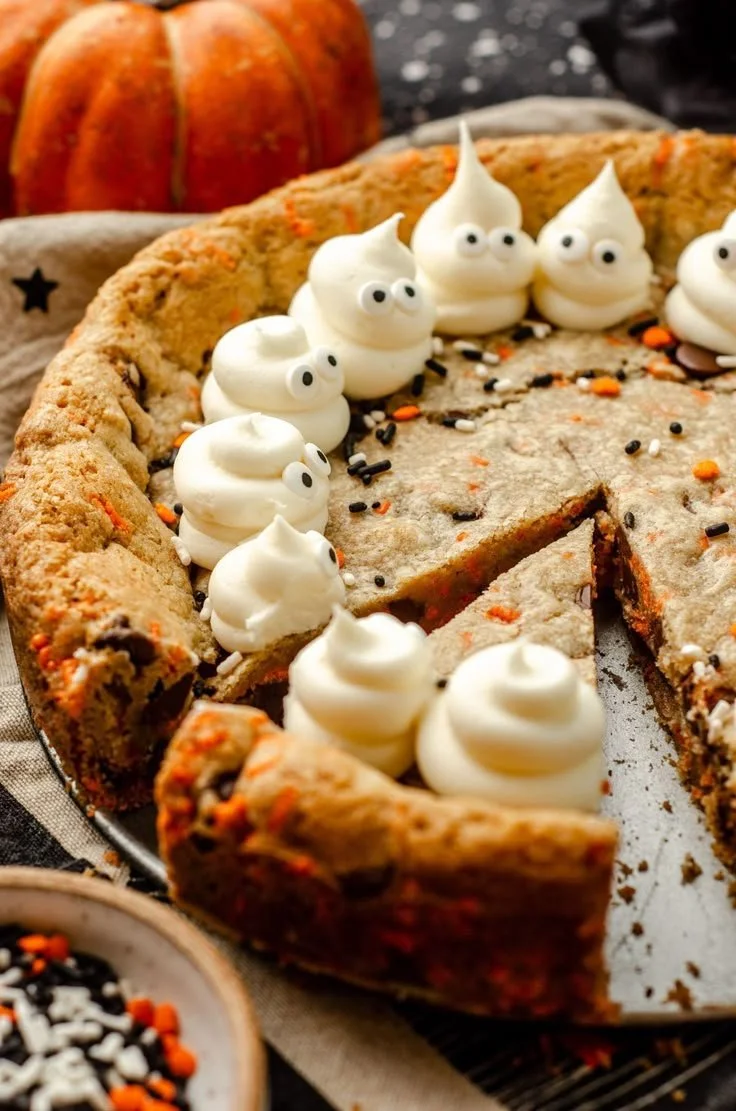 Delicious Halloween Cookie Cake decorated with spooky themes and colors
