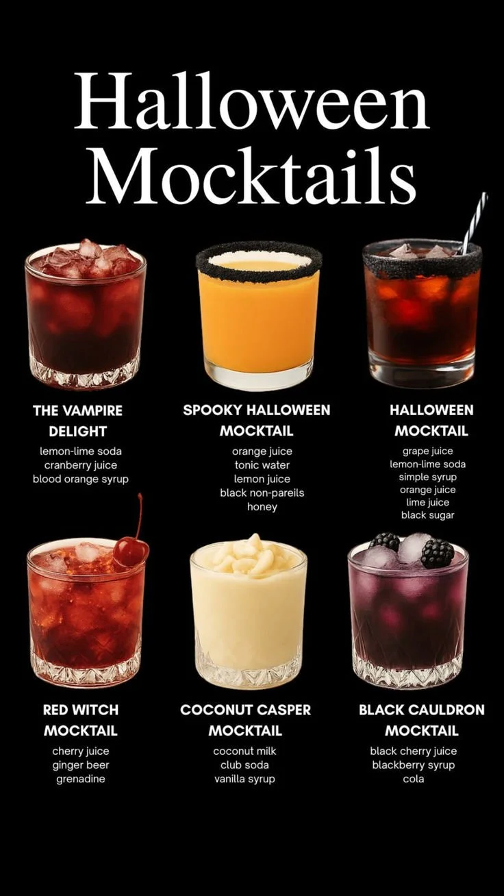 Colorful Halloween mocktails served at a festive party table