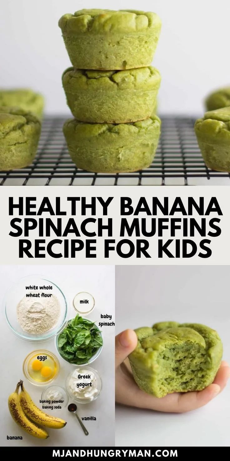 Healthy banana spinach muffins baked for kids, delicious and nutritious snack.