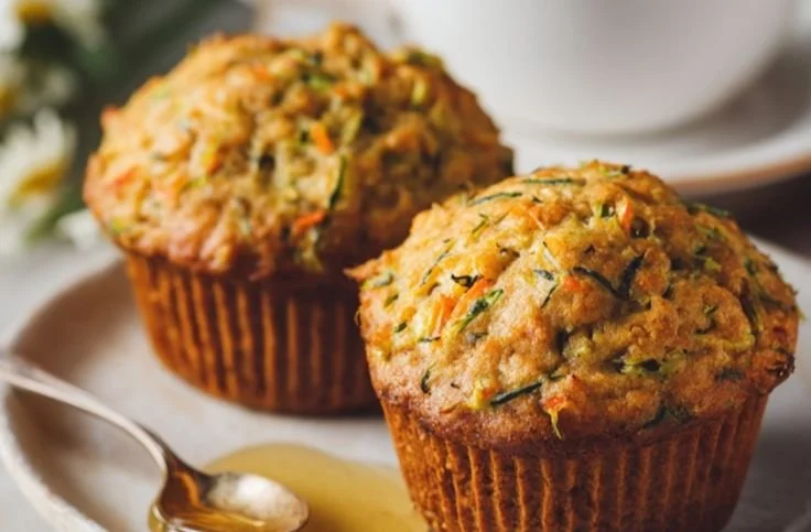Healthy carrot zucchini muffins fresh out of the oven for busy breakfasts