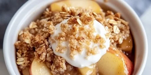 Healthy high protein apple crisp dessert with oats and apples on a wooden table