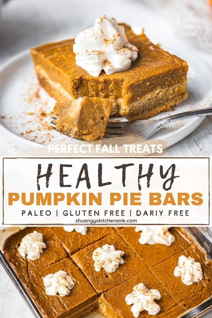 Delicious healthy pumpkin pie bars topped with nuts on a rustic table