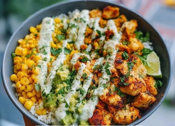 Healthy Street Corn Chicken Bowl with high-protein chicken breast and colorful toppings.