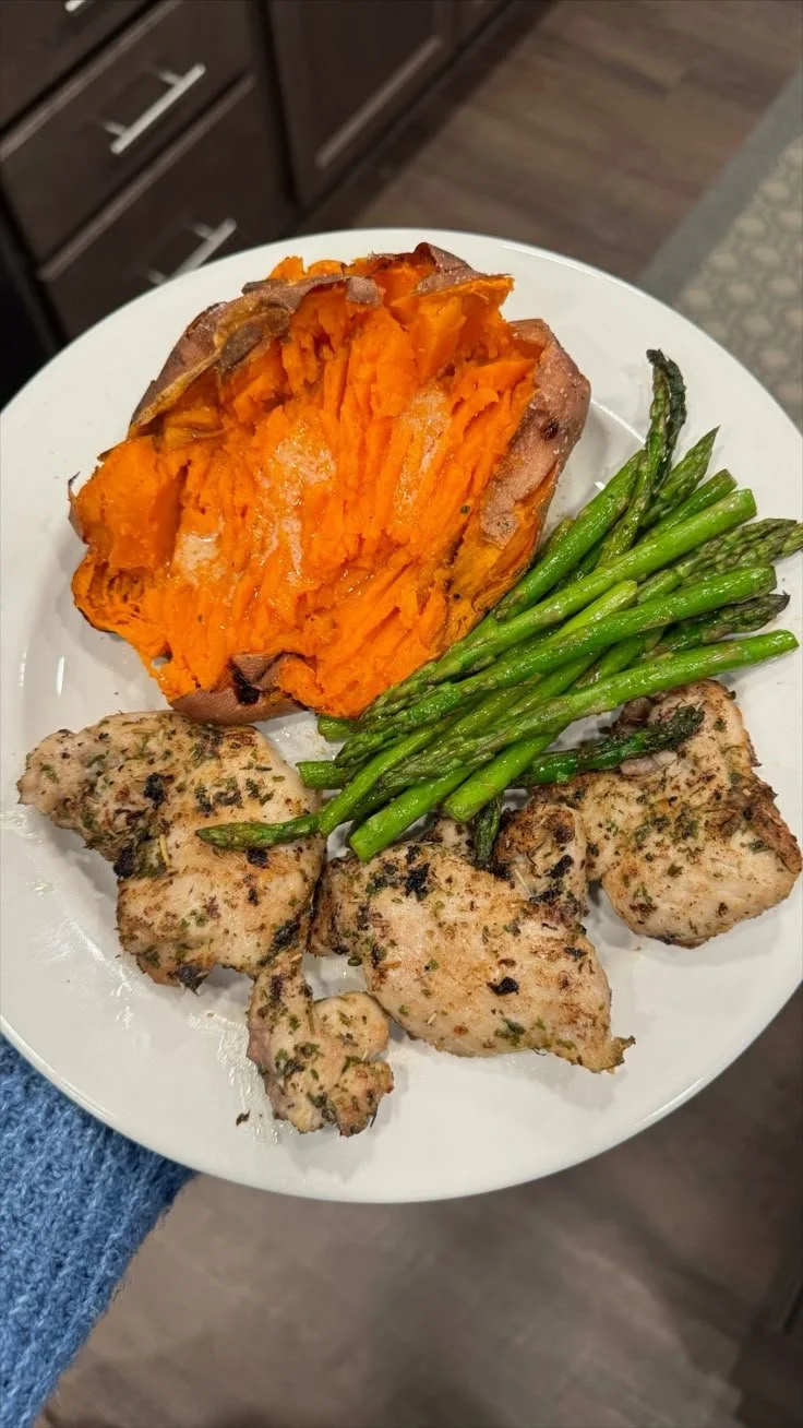 Healthy Sweet Potato Dinner with chicken and asparagus on a plate