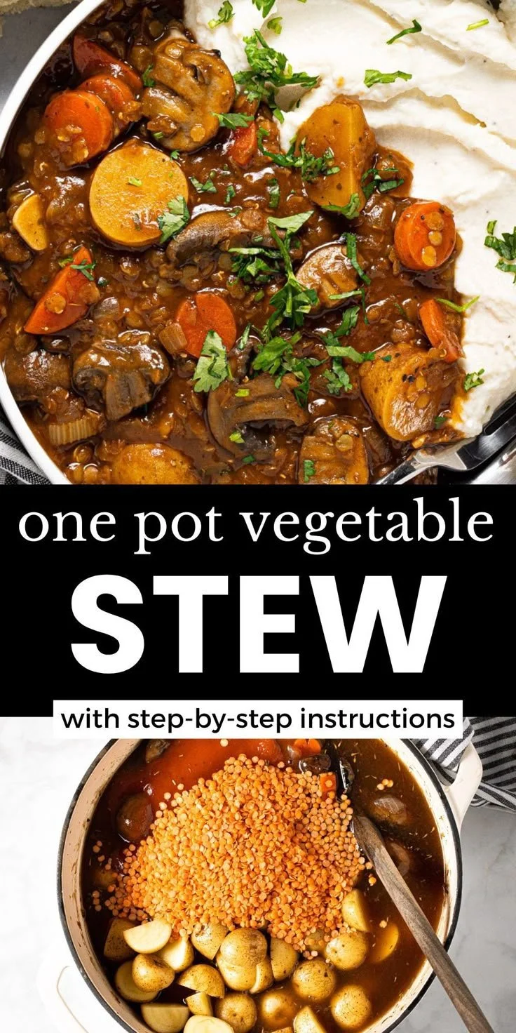 A bowl of hearty vegan lentil mushroom stew garnished with fresh herbs