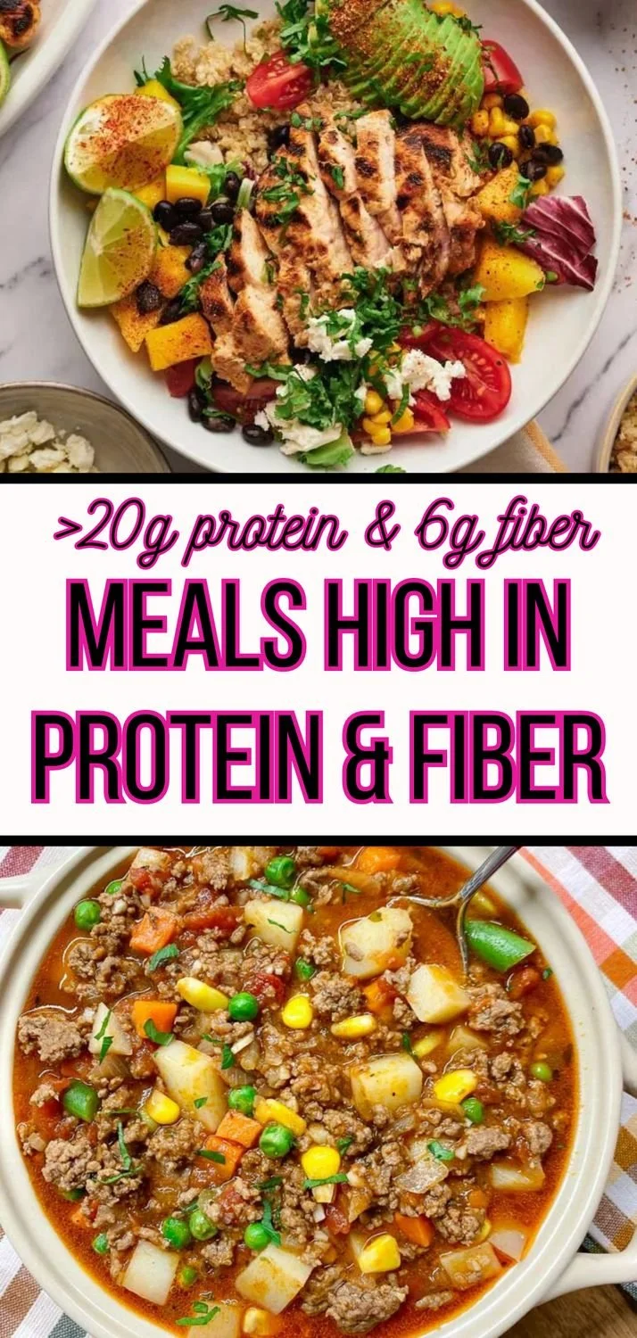 Plate of high protein and fiber meals with fresh vegetables and grains