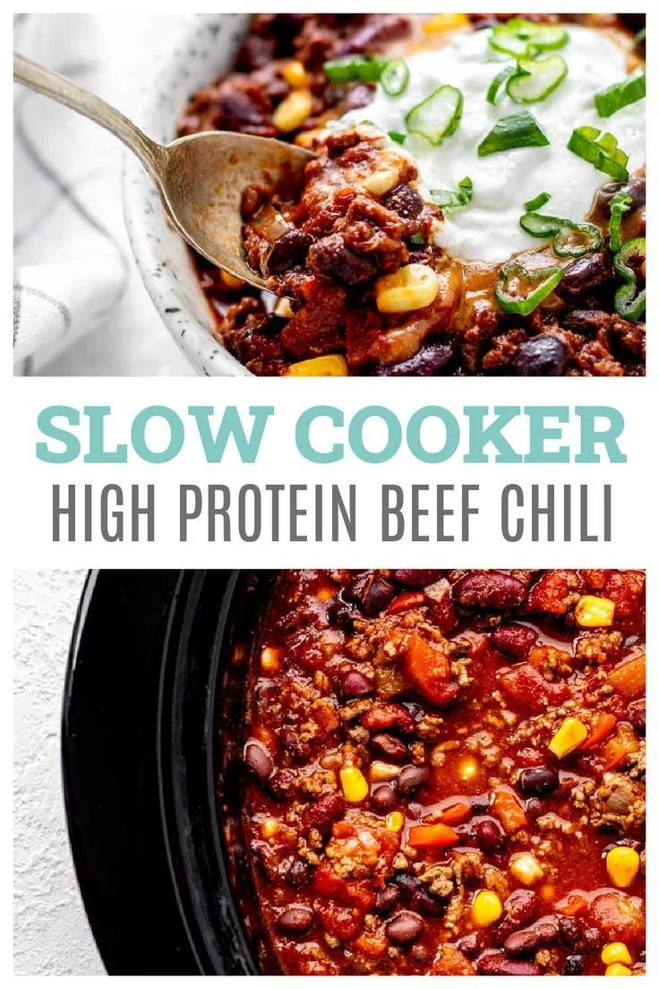Bowl of high protein chili garnished with herbs and spices