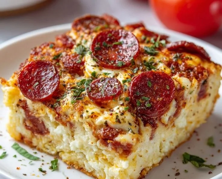 High-protein cottage cheese pizza bake served on a plate with fresh herbs