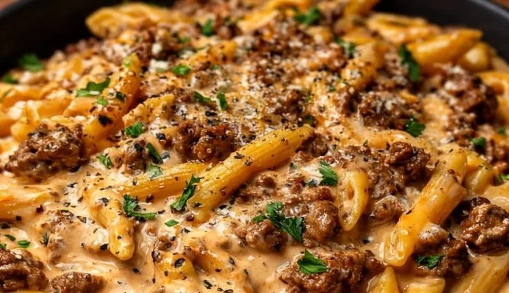 Creamy beef pasta in a skillet, garnished with herbs and cheese