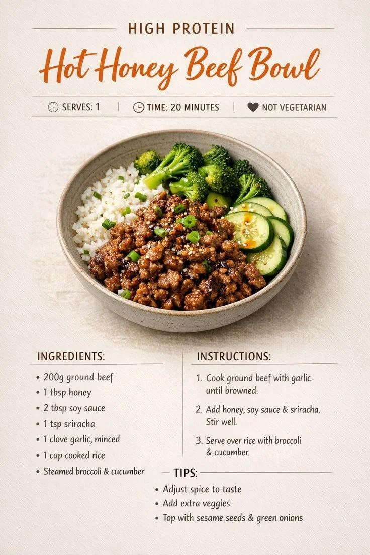 High Protein Hot Honey Beef Bowl served in a bowl with vegetables and rice.